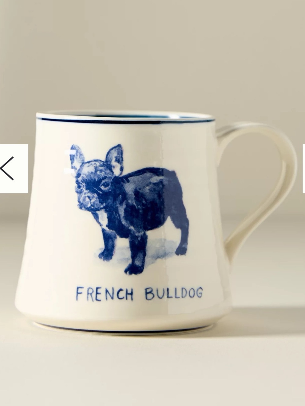 Anthropologie Cream Mug with Blue French Bulldog Illustration by Molly Hatch.